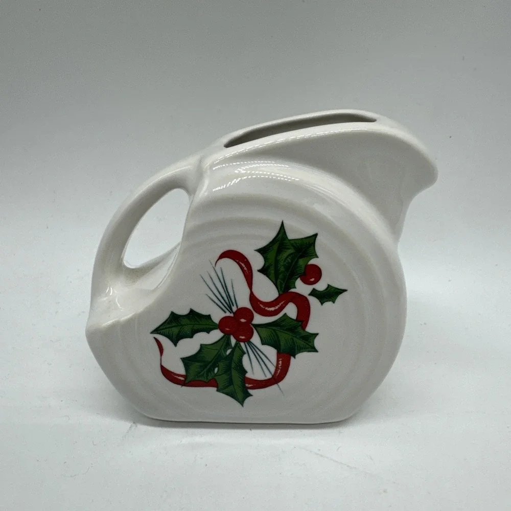 FIESTA Mini Disc Disk Pitcher Holly Ribbon Christmas Creamer White 3.25